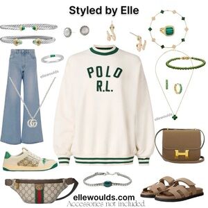 Polo Ralph Lauren Crewneck Sweatshirt Cotton Knit Green Ivory US Size Large $198